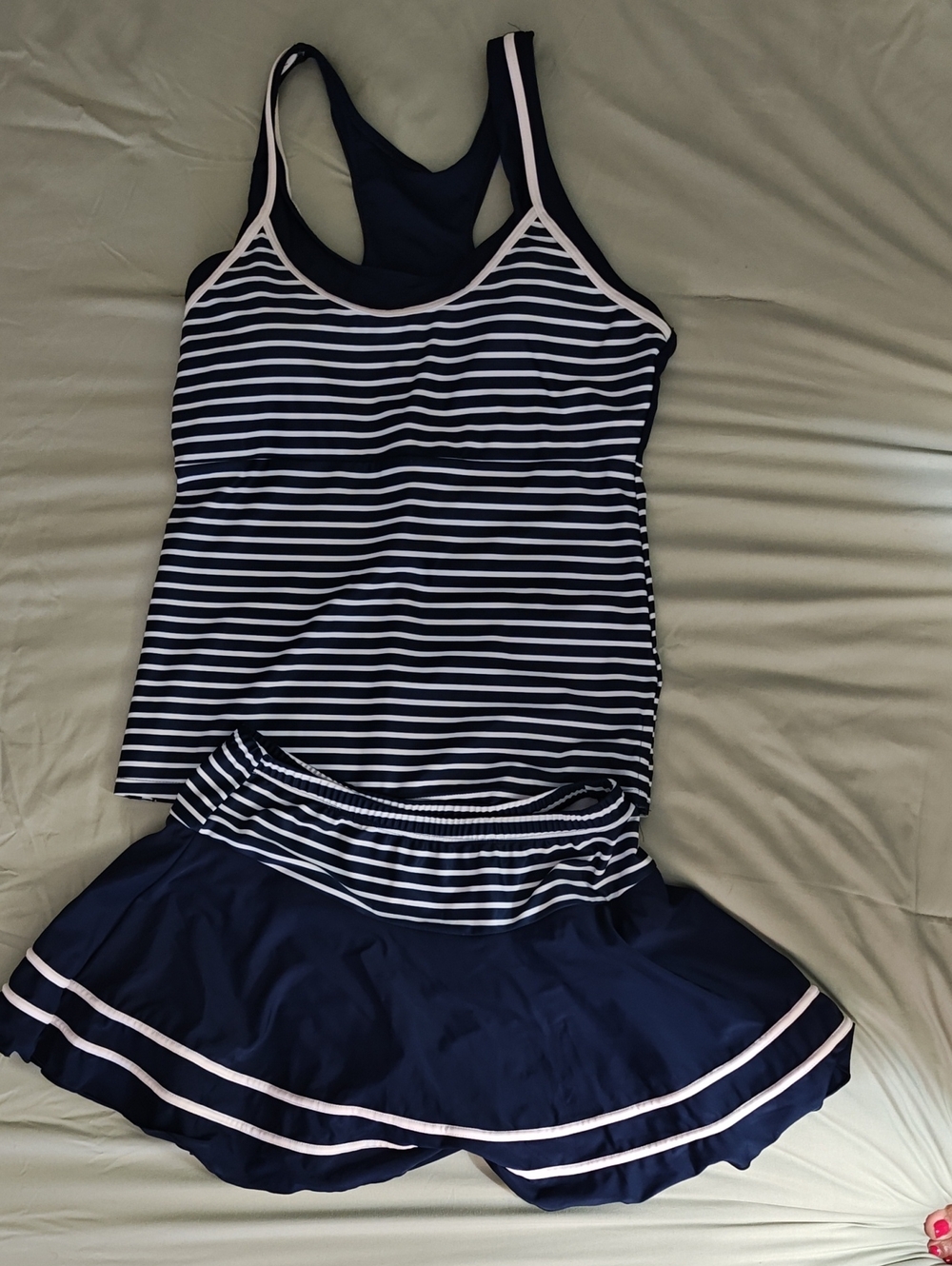 Striped Navy & White Tankini Swim Set with Skirt
